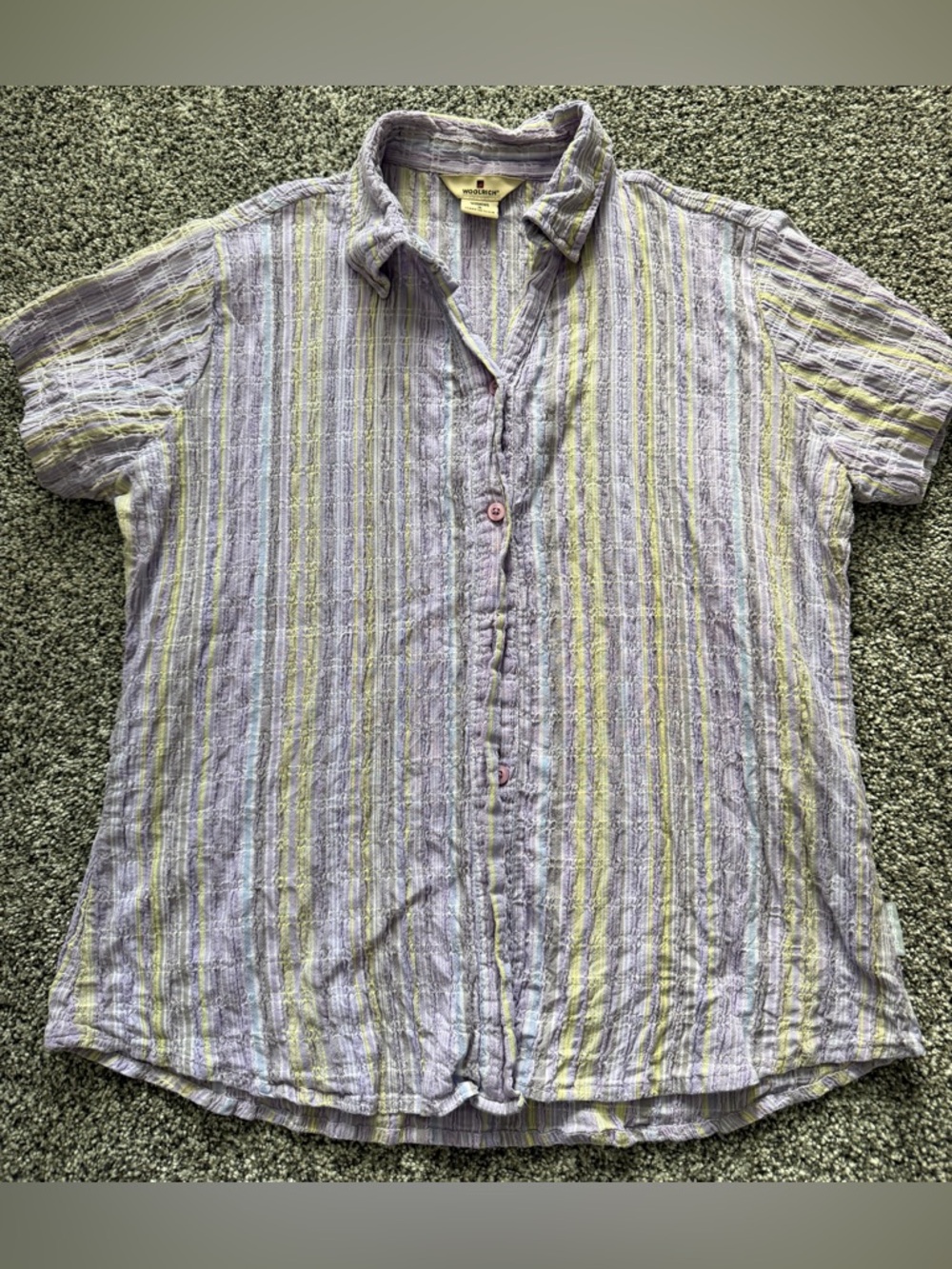 Women’s vintage Short Sleeve Casual Button-Up Shirt - Light Purple & Yellow